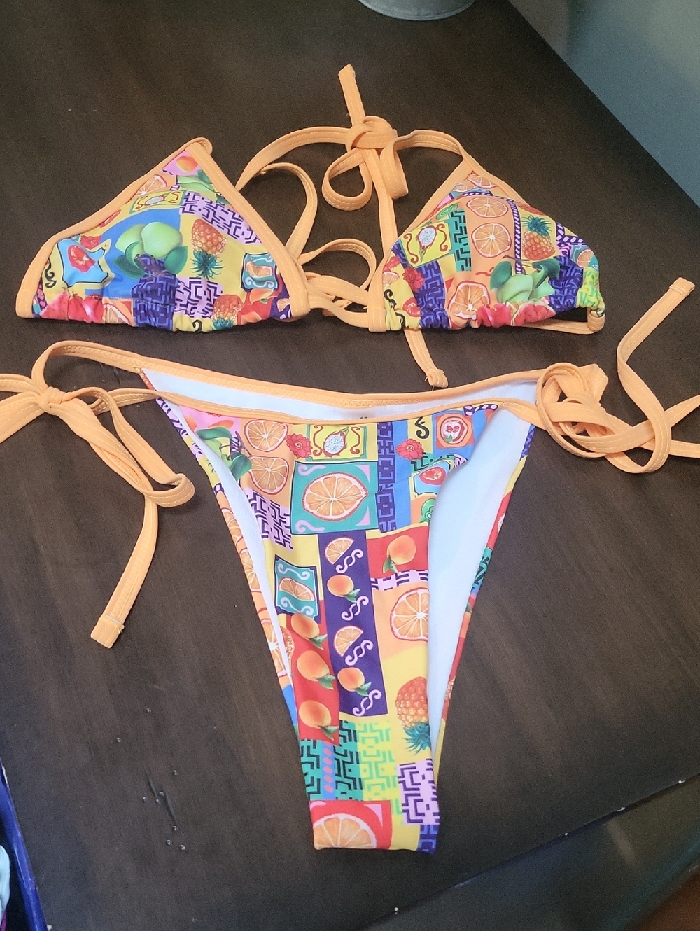 Colorful Fruit Print Triangle String Bikini Set - Orange Trim